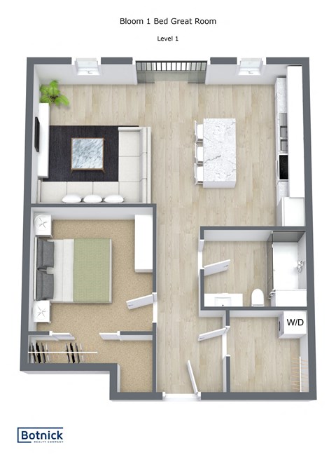 Floor plan for 1 bed, 1 bath, 648 sqft